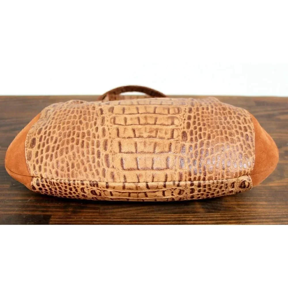 CB Pelletterie BROWN CROCO EMBOSSED GENUINE LEATHER ZIP TOP SMALL HANDBAG PURSE
